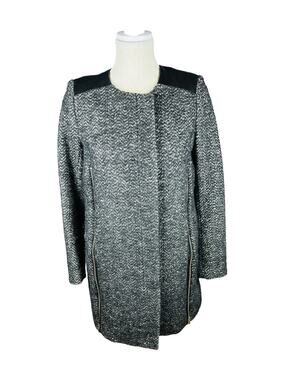 Maje Dumbo Black Grey Wool Mohair Tweed Lambskin Zip Coat FR 36 US 4